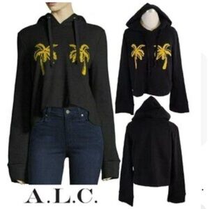 A.L.C. Black Crop Hoodie Embroidered Palm Tree Sz Small Tropical Hawaii Vacation